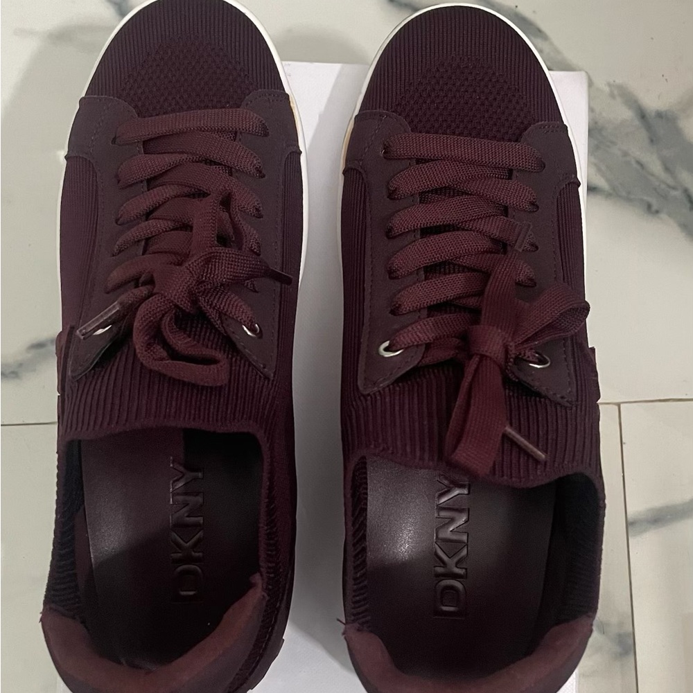 DKNY Burgundy Knit Sneakers | Lace-Up Low-Top Casual Shoes | White Sole.